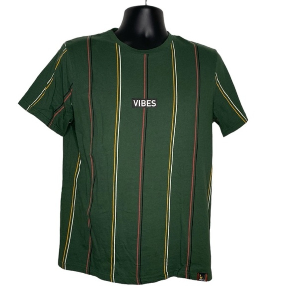 WXYZ Striped “Vibes” Short Sleeve Slogan T-Shirt (Size:M, Color:Green/Multi) - Picture 1 of 4